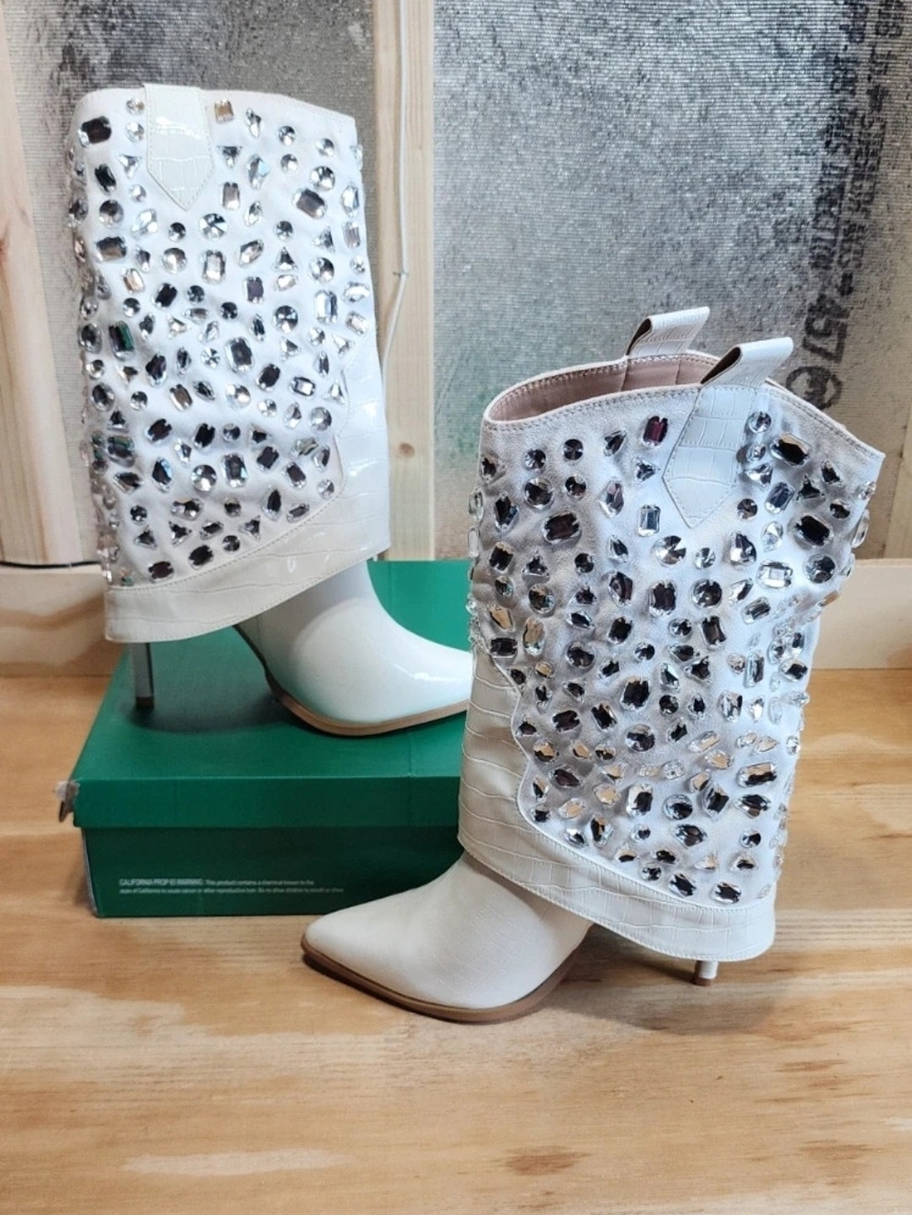 NEW! Lauren Lorraine Embellished White Mid-Calf Heeled Boots for Women,Sz 11,NWT